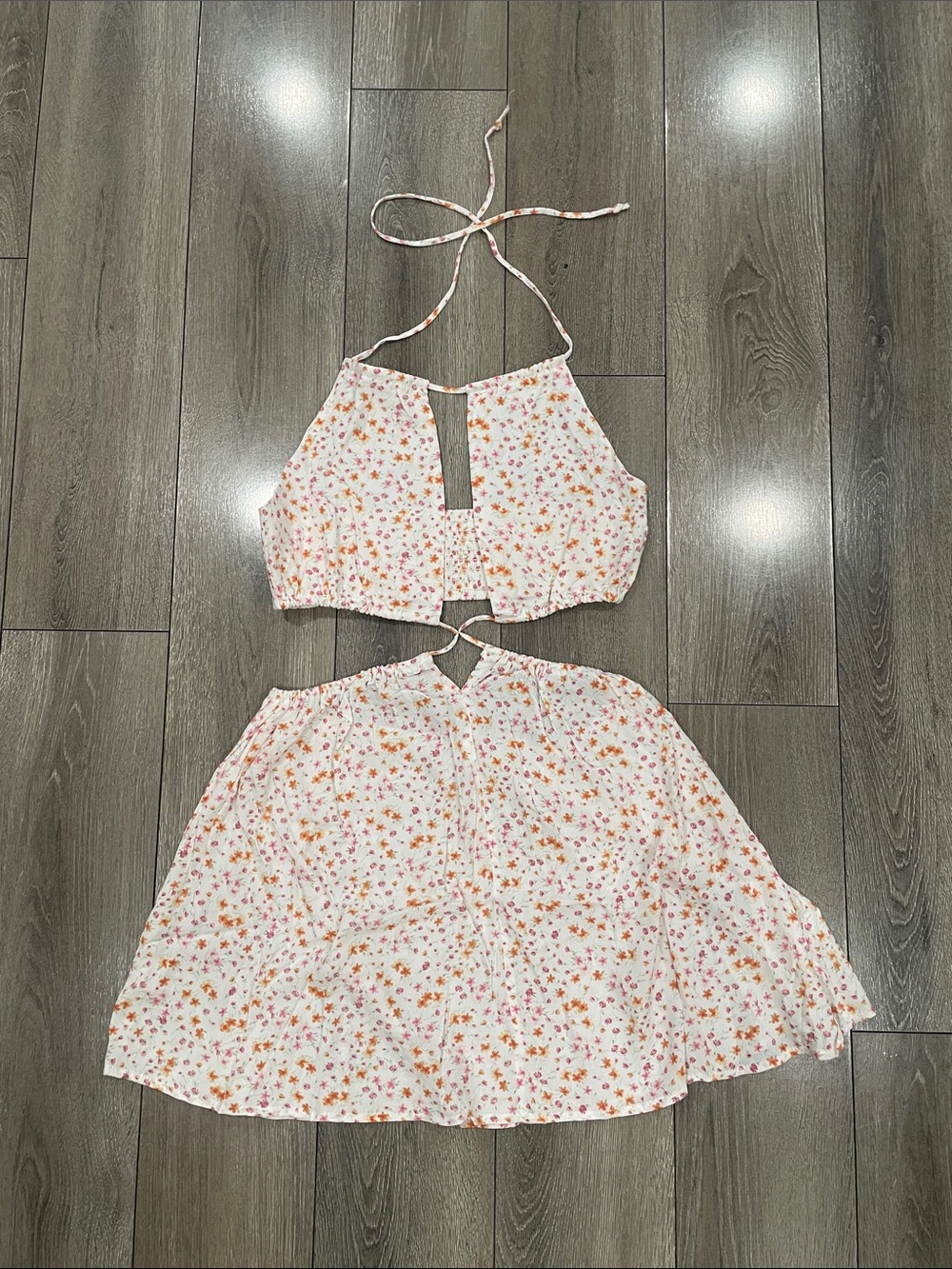 Backless Floral Halter Dress - White with Pink & Orange Blossoms